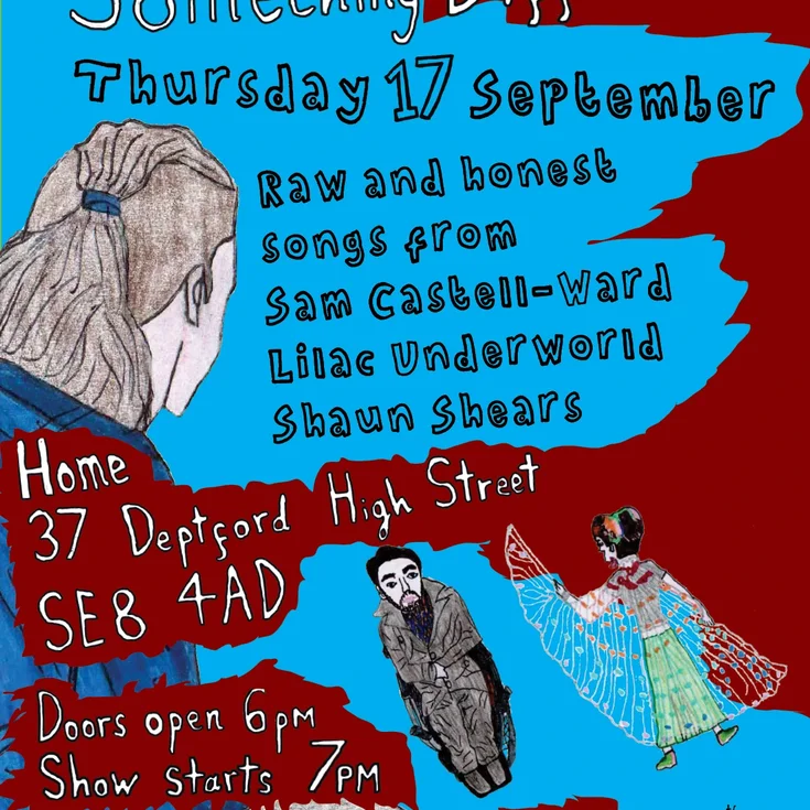 A poster for a gig. There is a big drawing of a man with a ponytail on a blue and red background and two smaller drawings of a man in a wheelchair and a woman with wings. There is also text.