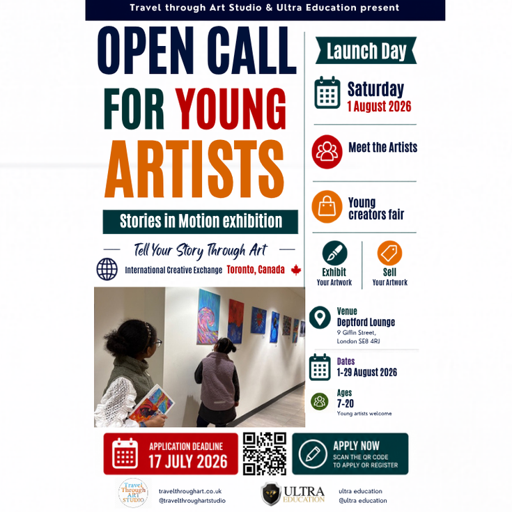 Promotional poster for Stories in Motion – Open Call for Young Artists featuring exhibition information and gallery imagery.