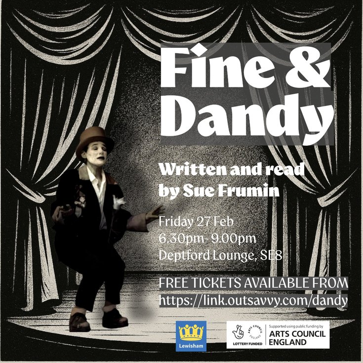 Monochrome image of performers standing in front of illustration of theatre curtains