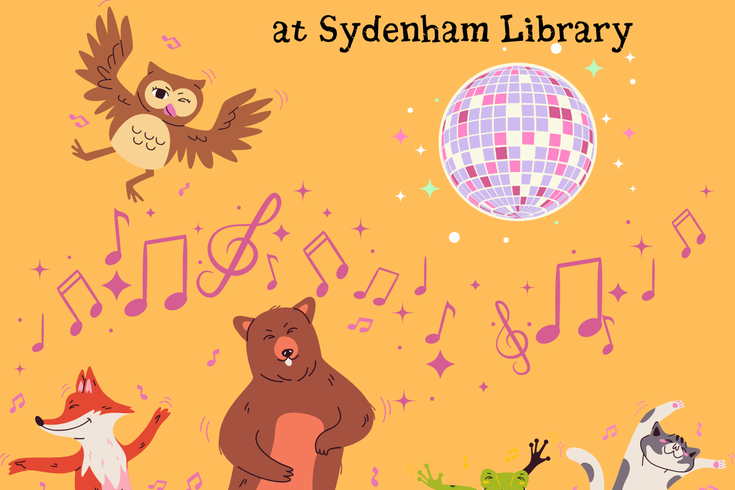 An owl, fox, bear, frog, and cat dancing under a mirror ball with colourful music notes on an orange background with event title