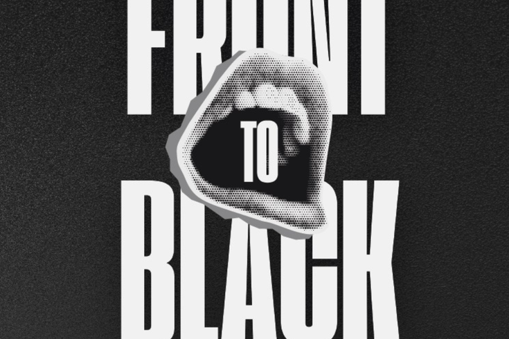 White text on a black background stating Front to Black with a graphic of an open mouth in greyscale