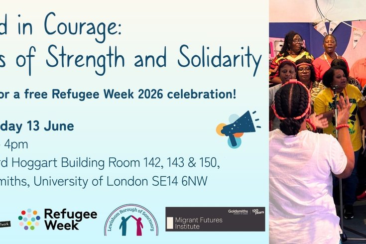 A poster with an image of women singing, text on the image reads 'United in Courage: Voices of Strength and Solidarity. Join us for a free Refugee Week 2026 celebration!'