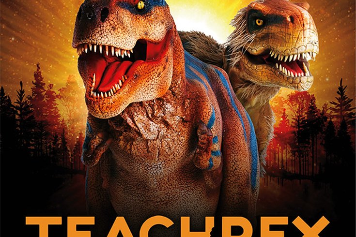 Two T-Rex Dinosaurs with the sun in the background