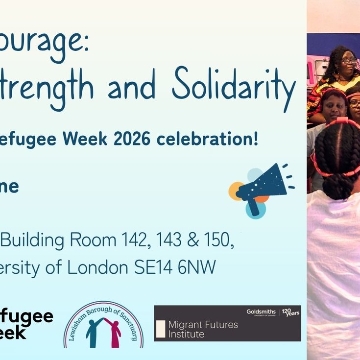 A poster with an image of women singing, text on the image reads 'United in Courage: Voices of Strength and Solidarity. Join us for a free Refugee Week 2026 celebration!'