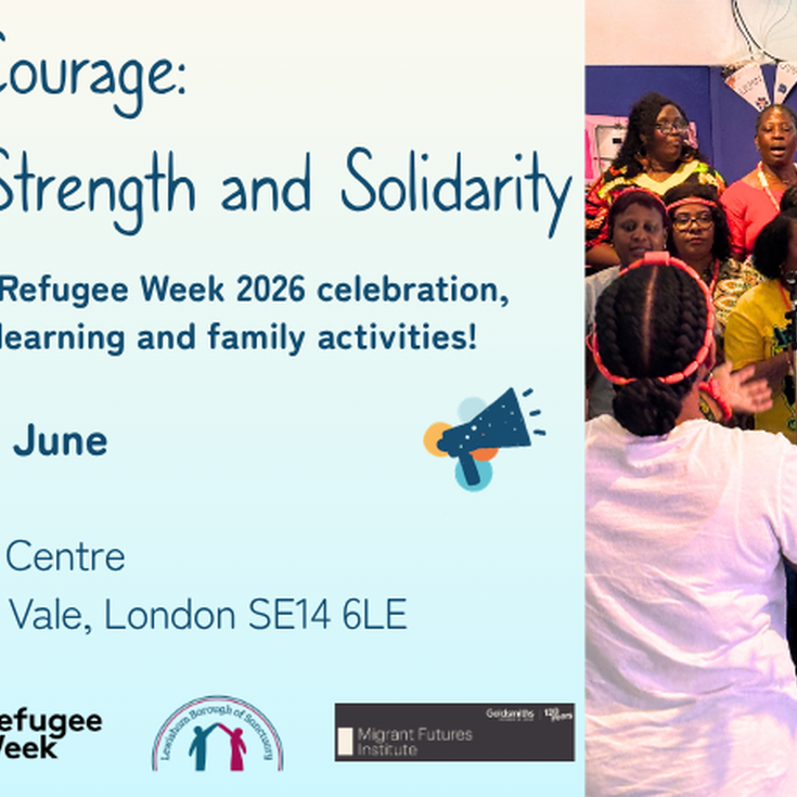 A poster with an image of women singing, text on the image reads 'United in Courage: Voices of Strength and Solidarity. Join us for a free Refugee Week 2026 celebration!'