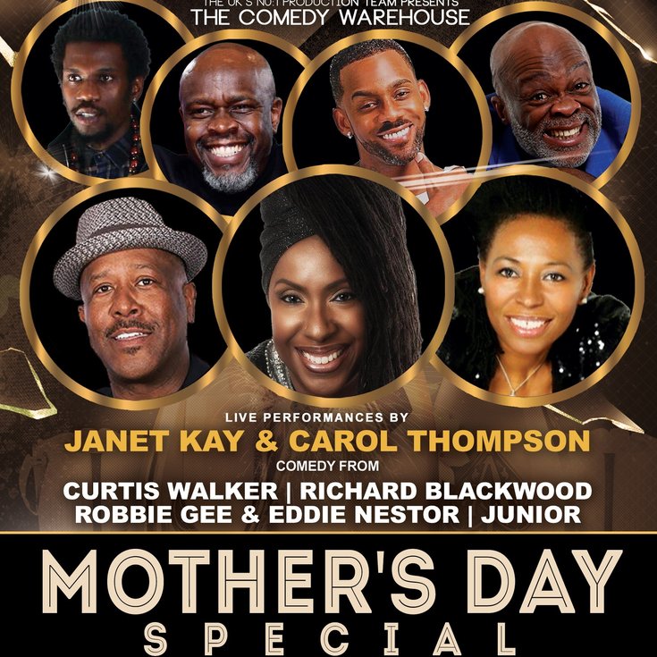 Promotional poster for "The Comedy Warehouse Mother's Day Special" featuring smiling headshots of six performers, including  comedians and musicians.