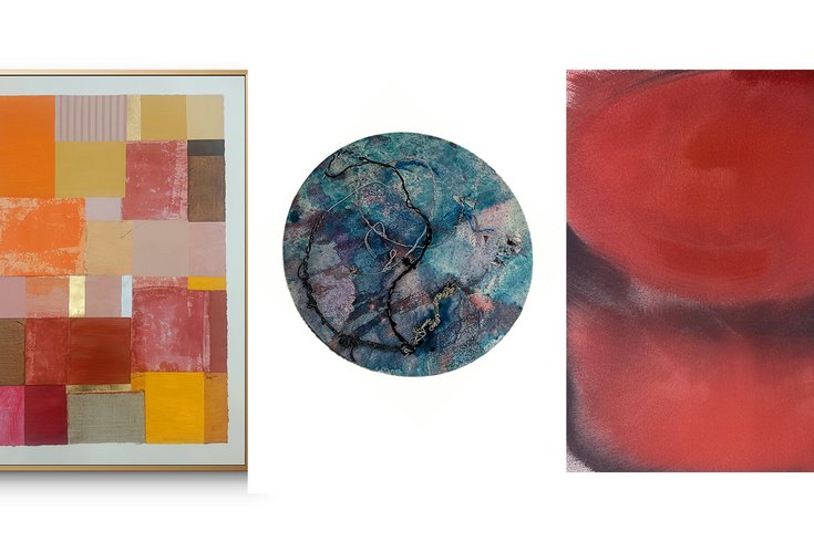 Three abstract artworks from the exhibition.