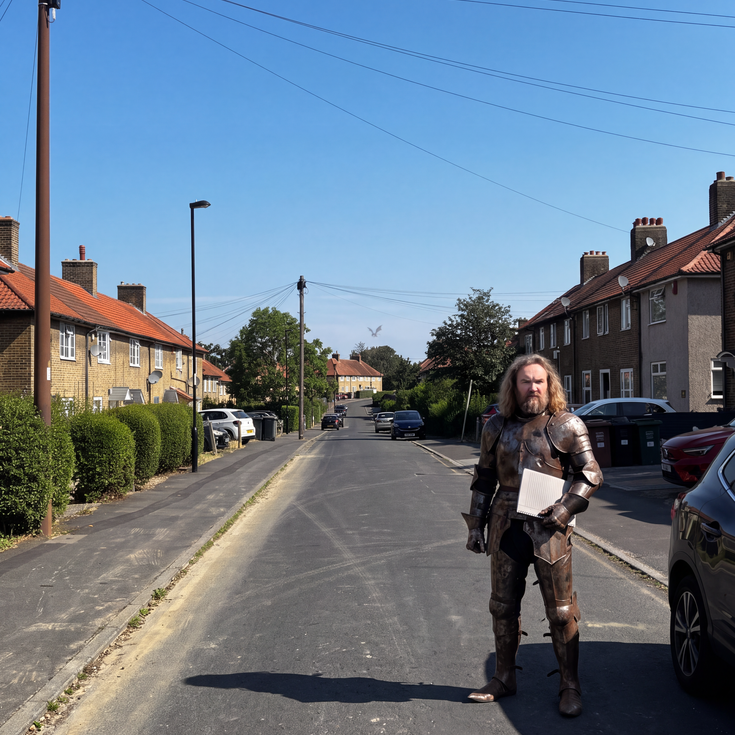 A knight standing in a road in Downham holding an exercise book.