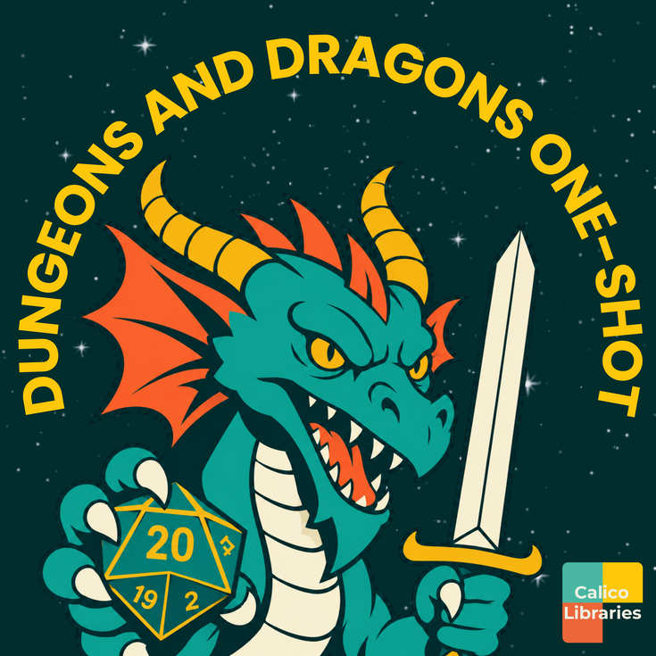 event title above a teal and orange dragon with sword and d20 die