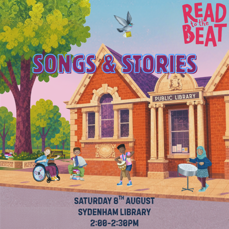 Summer Reading Challenge characters playing instruments in front of a drawing of Sydenham library with the event title and details and the Read to the Beat logo overlayed
