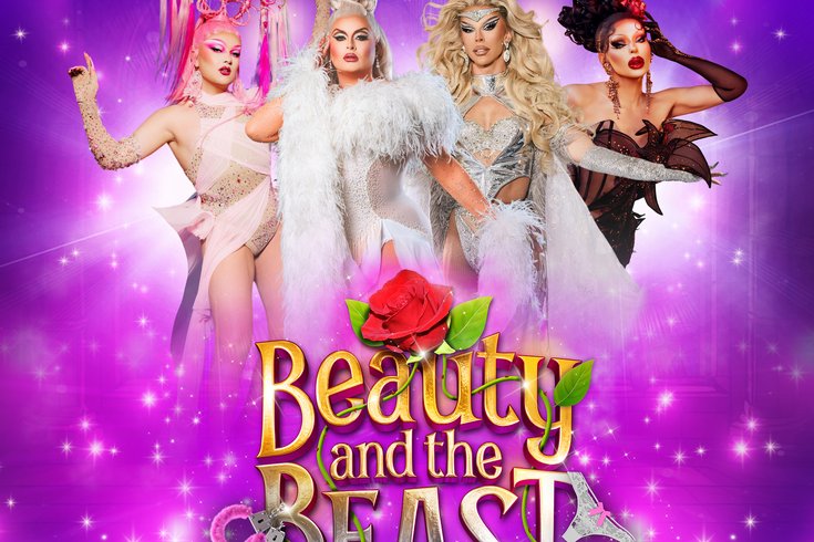 Poster image for Beauty and The Beast. Four drag queens pose in front of the title, a rose comes out of the word Beauty. The background sparkles and the drag queens are surrounded by a bright light.