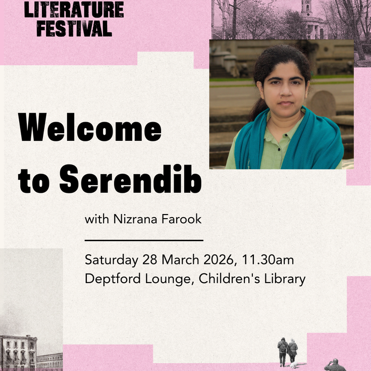 Event poster for “Welcome to Serendib” with Nizrana Farook, 28 March 2026 at Deptford Lounge.