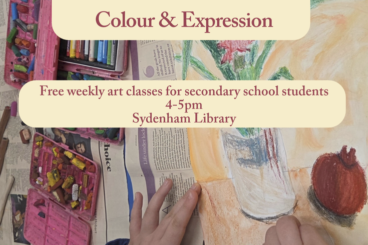 Title and description over a photo of students using pastels to draw a still life image