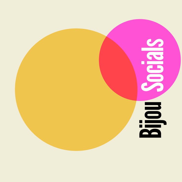 Minimalist flyer showing two intersecting circles and text Bijou Socials