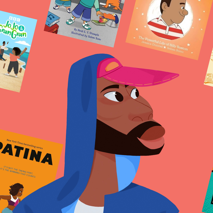 An illustration of Selom Sunu surrounded by his book covers