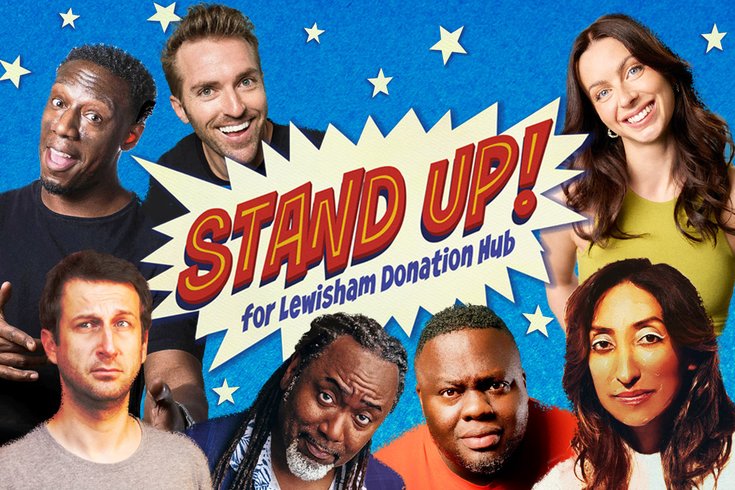 Colourful promotional image featuring six people smiling and posing around text saying "Stand Up for Lewisham Donation Hub" with stars on a blue background.