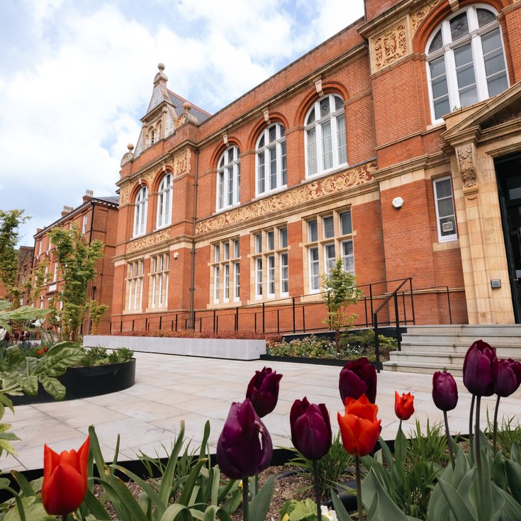 Outside front garden space with front steps and door leading to Blackheath Halls