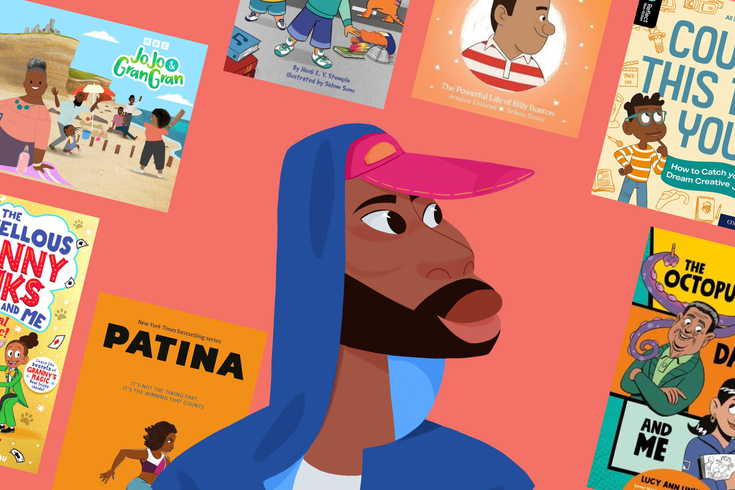 An illustration of Selom Sunu surrounded by his book covers