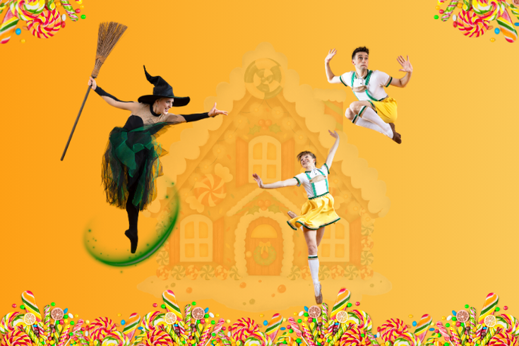 Gingerbread house in the background with three ballet dancers dressed as a witch, Hansel and Gretel