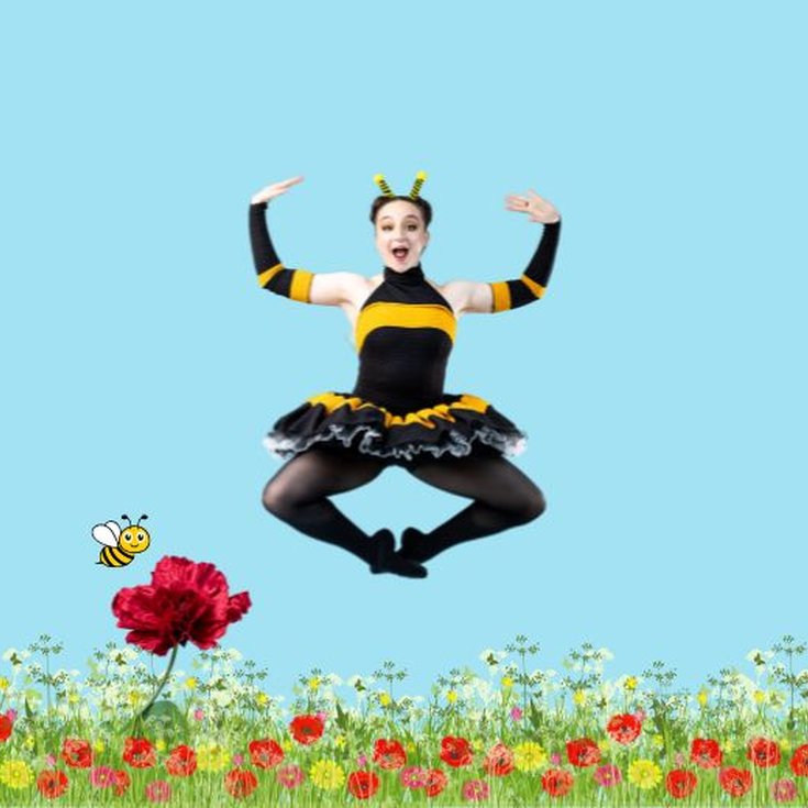 Ballet Dancer jumping in the air, dressed in a black and yellow leotard with tutu. With a garden on flowers as a backdrop