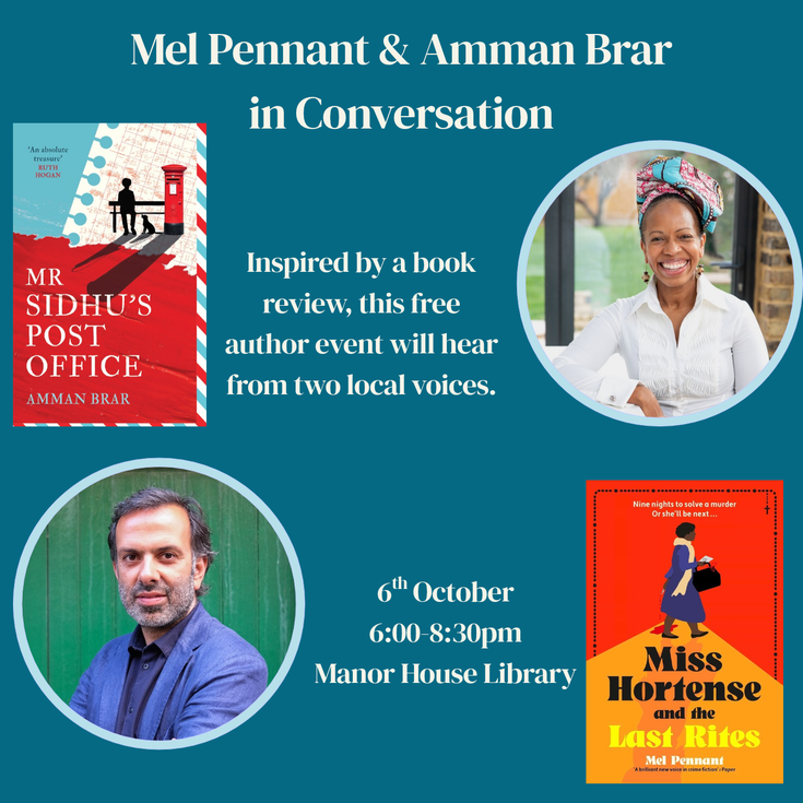 Circular images of Mel Pennant and Amman Brar and their book covers on a dark teal background with cream text for event title and details
