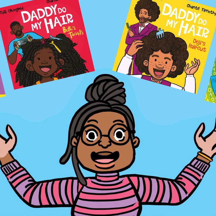An illustration of Chanté Timothy surrounded by her book covers