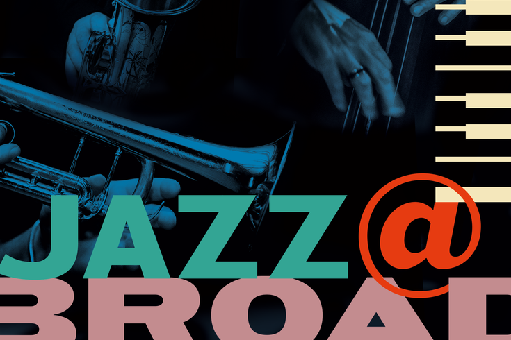 Background image of a trumpet and hand playing a string instrument. Bold text reads "JAZZ @ BROADWAY." A colourful, lively, musical atmosphere is conveyed.