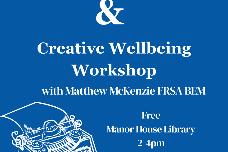 event title and details in white font on a blue background with a white drawing of a typewriter