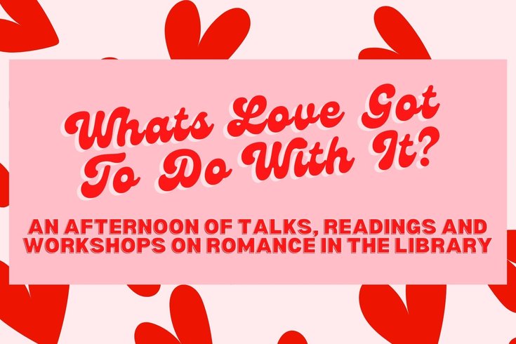 What's love got to do with it text on a pink background with hearts