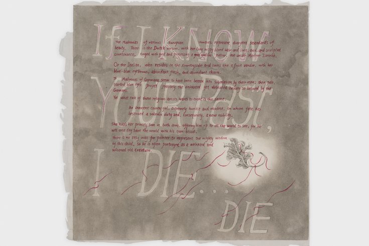 A brown, square painting on a white wall. The words If I know your past, I die... die are written in large beige letters on the painting.