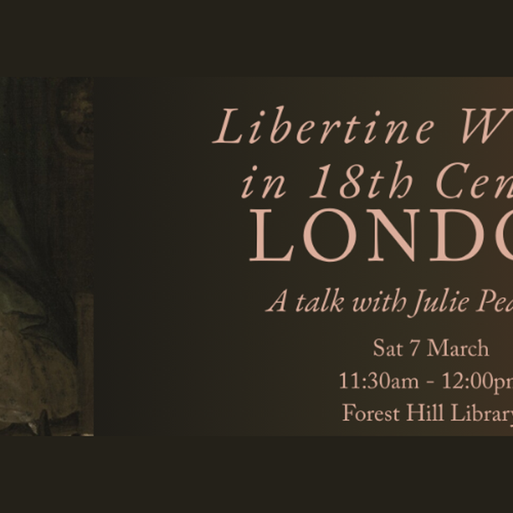 The title and event details in muted pink font on a dark brown background. A painting of an 18th century man and woman is next to the text