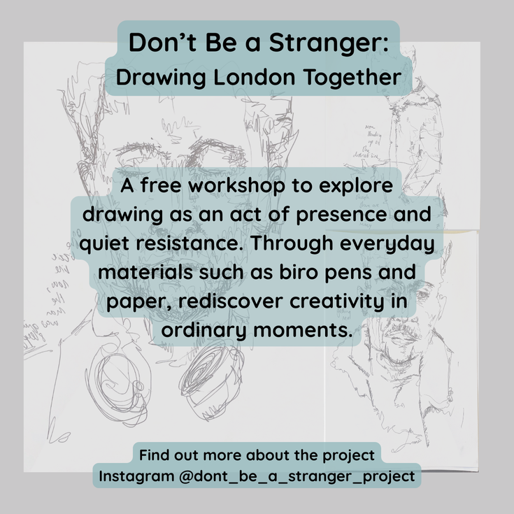 The title and description of the event overlaid on pen sketches of various people