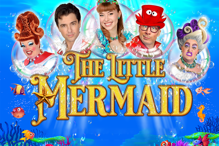 Promotional poster for The Little Mermaid, under the sea themed, with images of the principal cast.