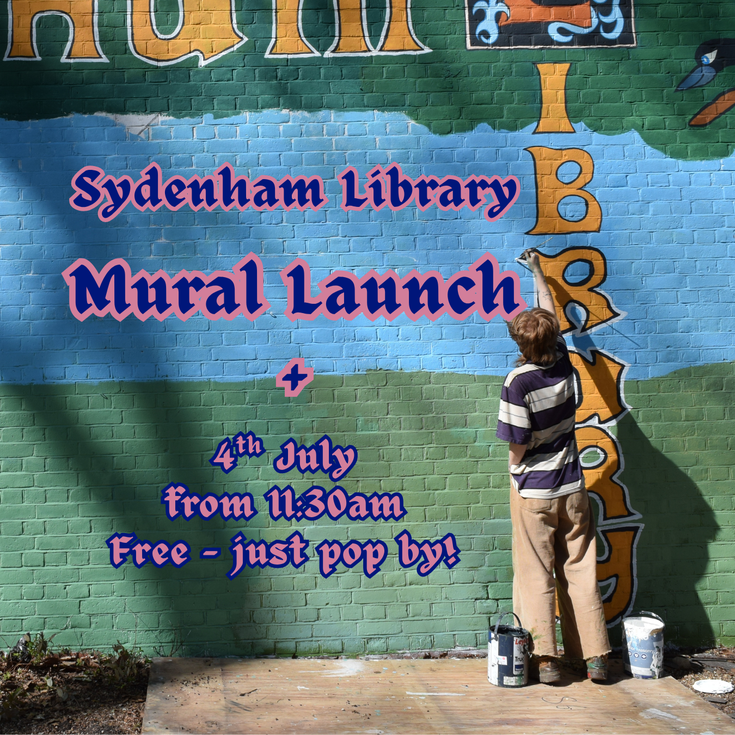 A photo of Eli painting the mural with event title and details in blue and pink font overlayed