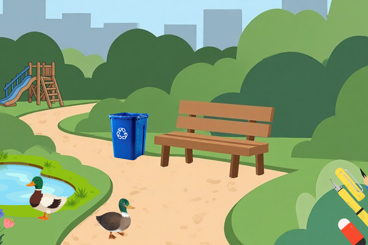 An illustrated image of a park featuring a bench, a pond, ducks, flowers and some pens and pencils