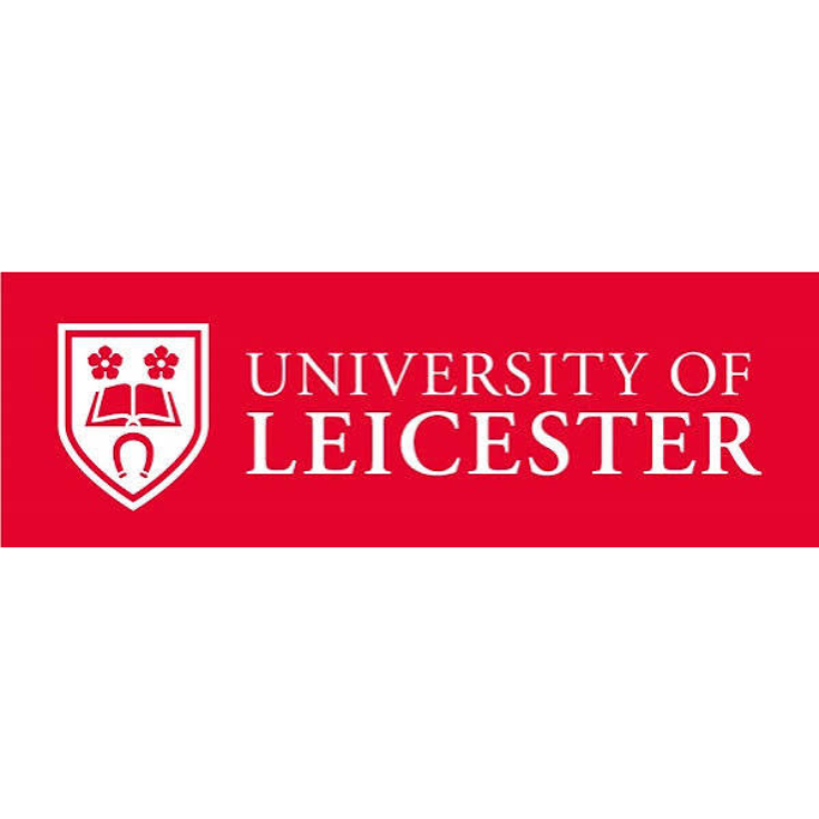 University of Leicester logo with white text and shield emblem on a red background.