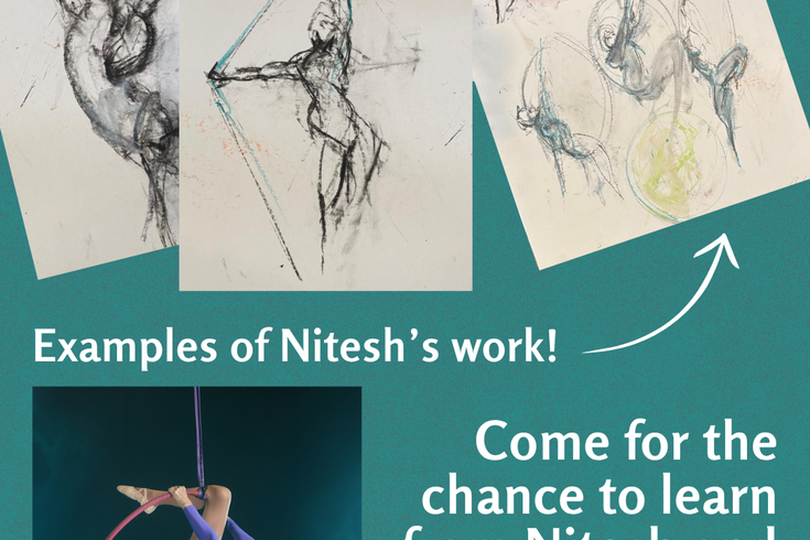 Teal background featuring four charcoal and pastel life drawings of aerial performers, with caption "Examples of Nitesh's work!" and an arrow. Image of a woman on aerial hoop.