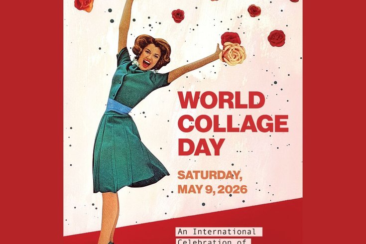 Word Collage day poster for May 9, with lady in a green dress with arms raised on a pink background and red borders. She is reaching out to a red and pink flowers.