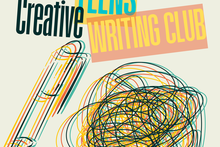 Teens Creative Writing Club title with multicoloured pen and scribble design