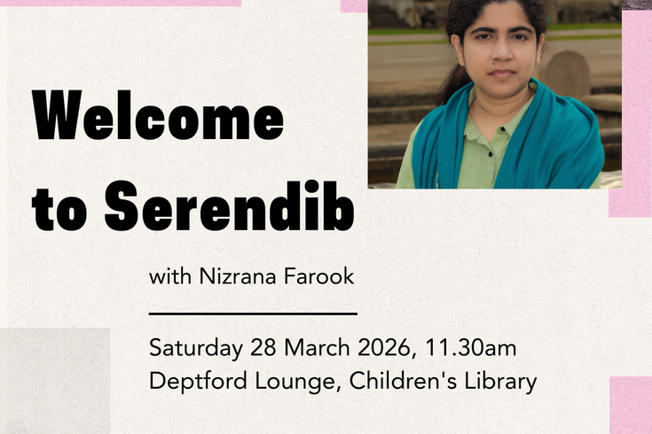 Event poster for “Welcome to Serendib” with Nizrana Farook, 28 March 2026 at Deptford Lounge.