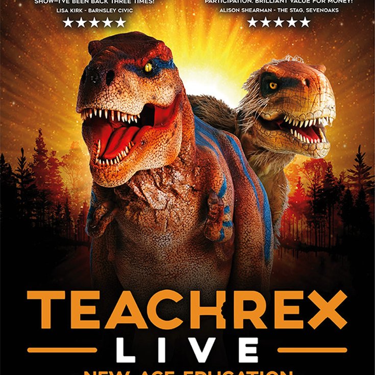 Two T-Rex Dinosaurs with the sun in the background