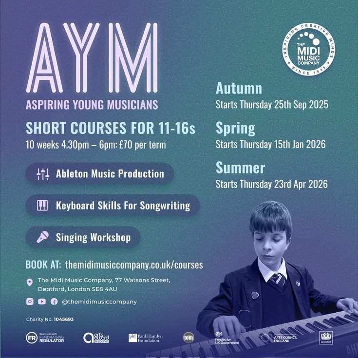 Blue AYM promo featuring short courses for 11–16s. The Midi Music logo top right; boy in uniform playing keyboard bottom right; funder logos along the bottom.