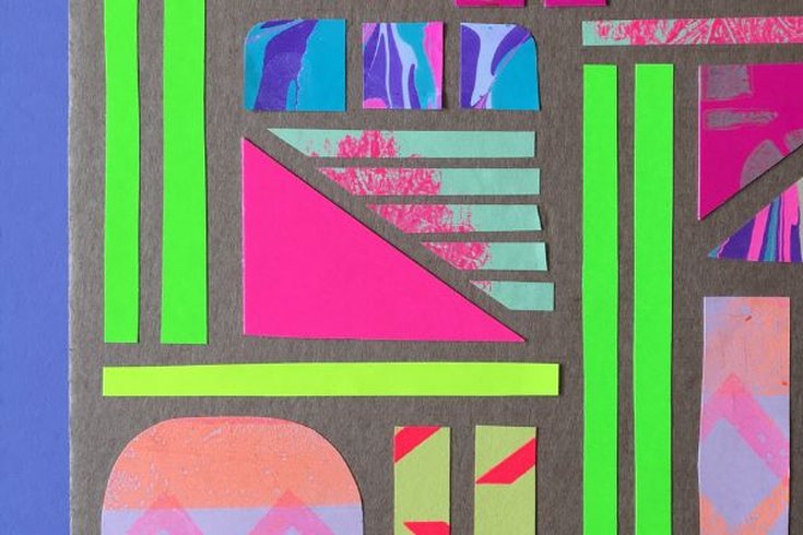 Collage image using handprinted neon papers