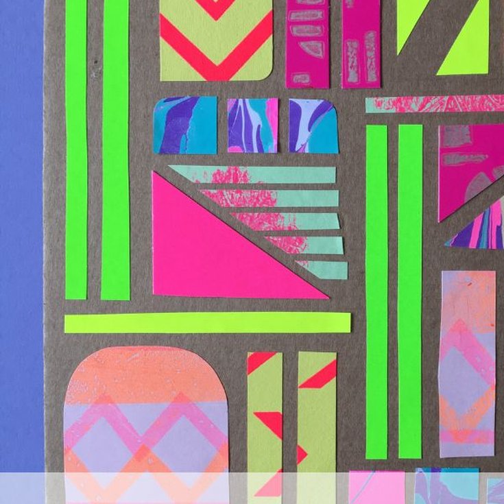 Collage image using handprinted neon papers