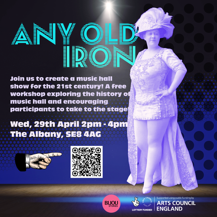 Flyer for Any Old Iron showing a vintage image of a female performer