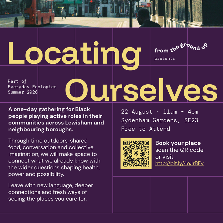 A promotional flyer for an event titled "Locating Ourselves". At the top is a street photo showing a red London bus and urban buildings, with a deep purple background containing yellow and white text