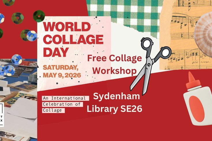 World Collage Day Saturday May 9 2026, with glue, scissors and the Element Box logo, and a simple collage of a shell and a hot air balloon basket.