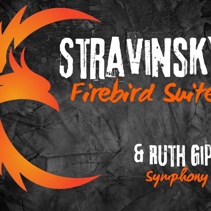Graphic of an orange bird on a grey background with the words Stravinsky Firebird suite and Ruth Gipps Symphony no.2