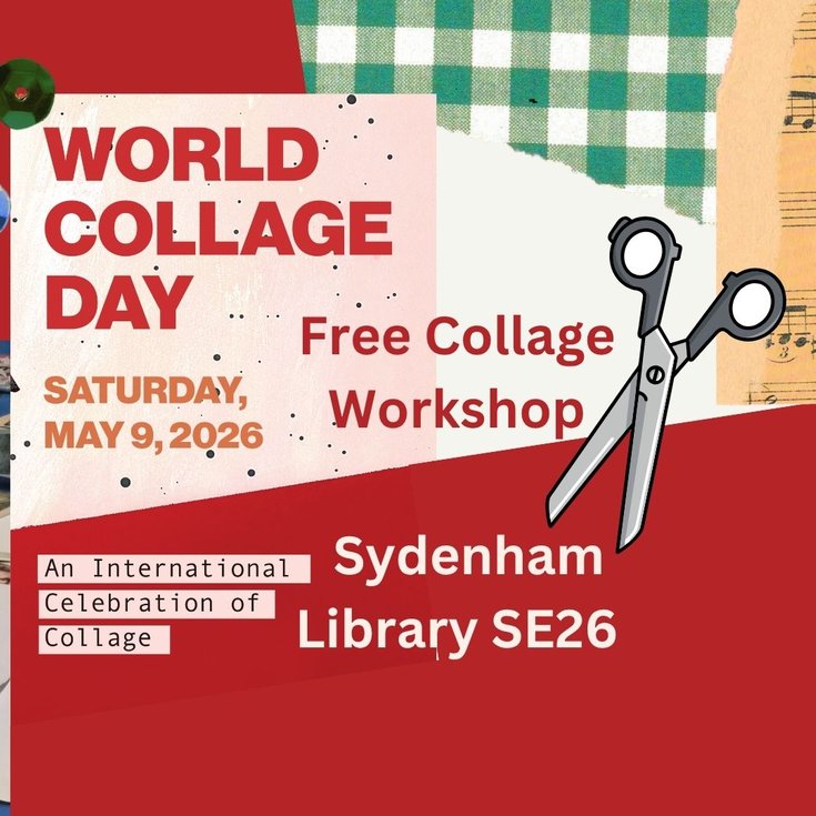 World Collage Day Saturday May 9 2026, with glue, scissors and the Element Box logo, and a simple collage of a shell and a hot air balloon basket.