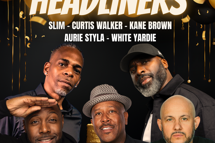 Father's Day comedy show poster with five men smiling, surrounded by black and gold balloons. Event details for Broadway Theatre, Catford, on June 20th.